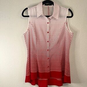 White and Pink Sleeveless Button Down Blouse‎ with Dress Shirt Collar